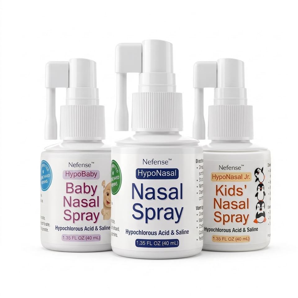 HypoBaby, HypoNasal and HypoNasal Jr nasal spray bottles with their caps removed, showing the long applicator nozzles.