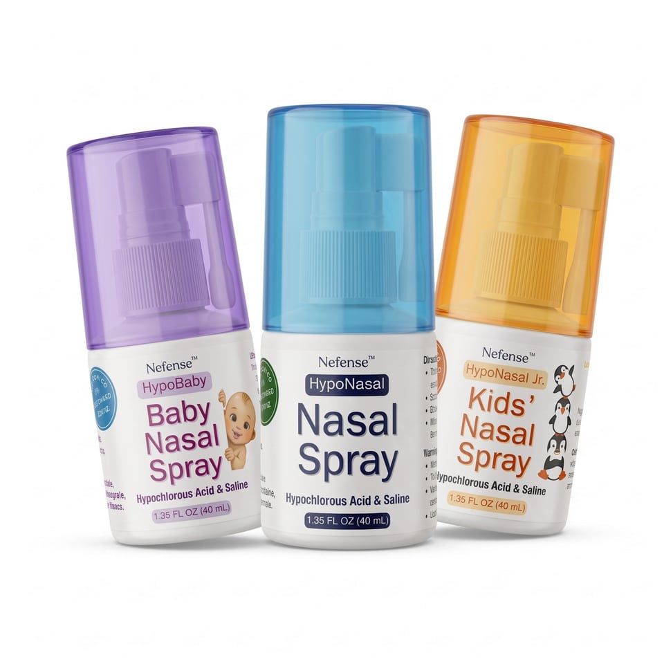 HypoBaby, HypoNasal and HypoNasal Jr nasal spray bottles side by side, with purple, blue and orange caps.